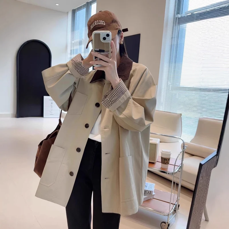 Damen Modische Oversized-Jacke mit kontrastierendem Kragen Nord Taschen