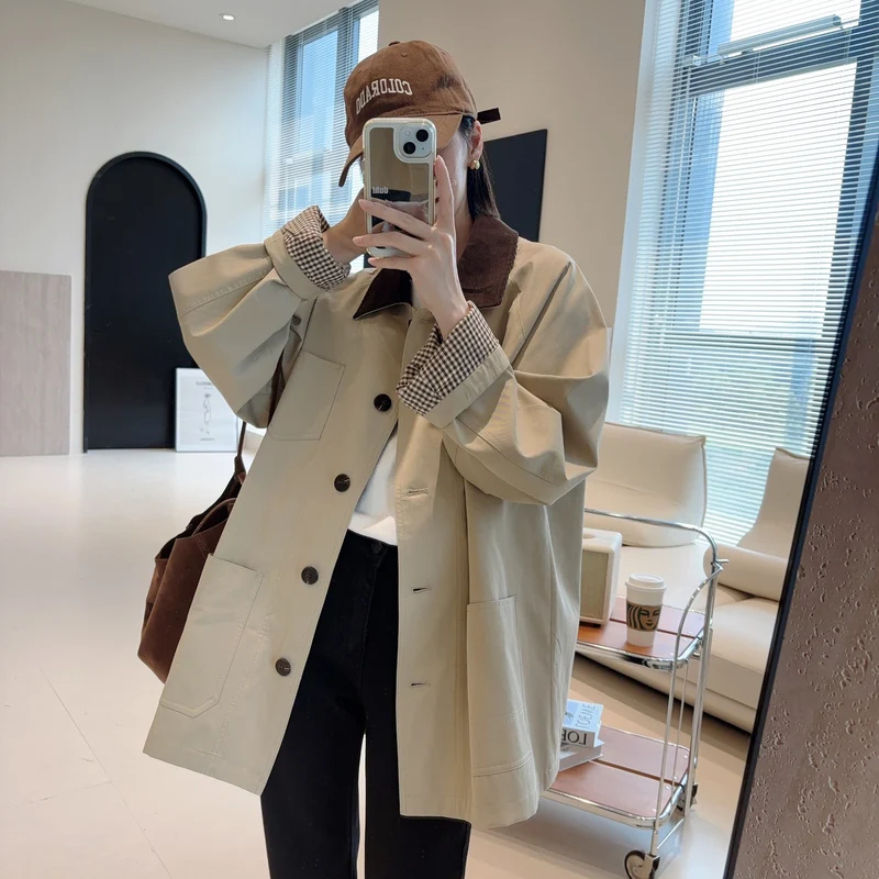 Damen Modische Oversized-Jacke mit kontrastierendem Kragen Nord Taschen