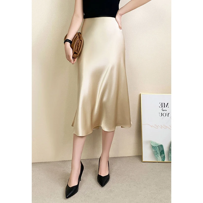Damen Luxuriöser Satin Midirock mit hohem Schlitz Nord Taschen