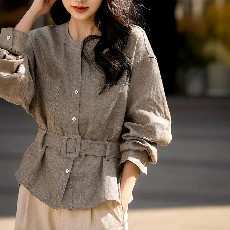 Damen Modische Oversized-Bluse mit Gürtel Nord Taschen
