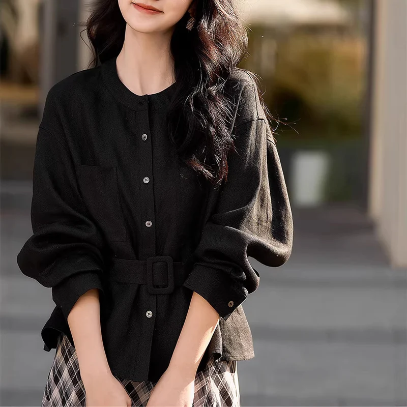 Damen Modische Oversized-Bluse mit Gürtel Nord Taschen