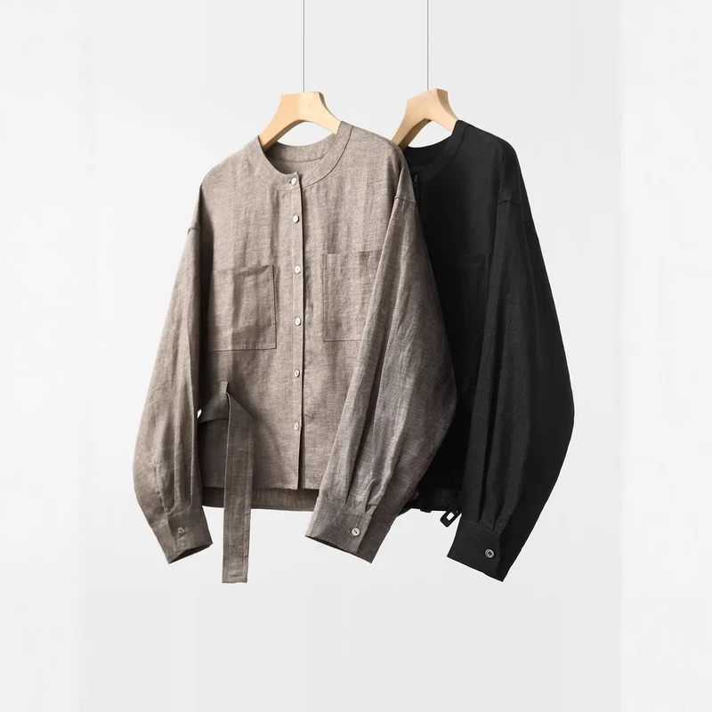 Damen Modische Oversized-Bluse mit Gürtel Nord Taschen