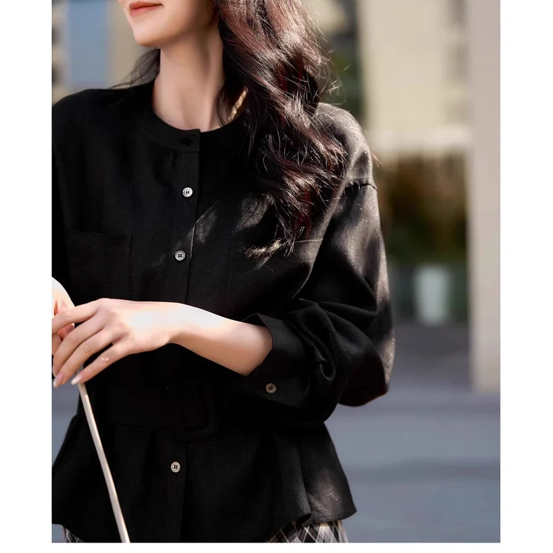 Damen Modische Oversized-Bluse mit Gürtel Nord Taschen
