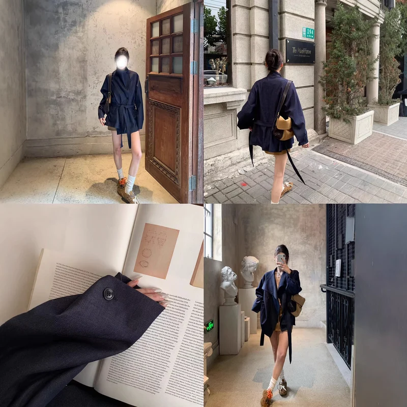 Damen Modische Oversized Blazerjacke Nord Taschen