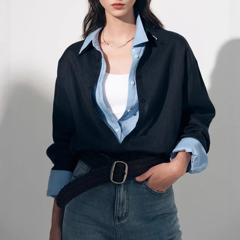 Damen Modische Leinenbluse mit langen Ärmeln Nord Taschen