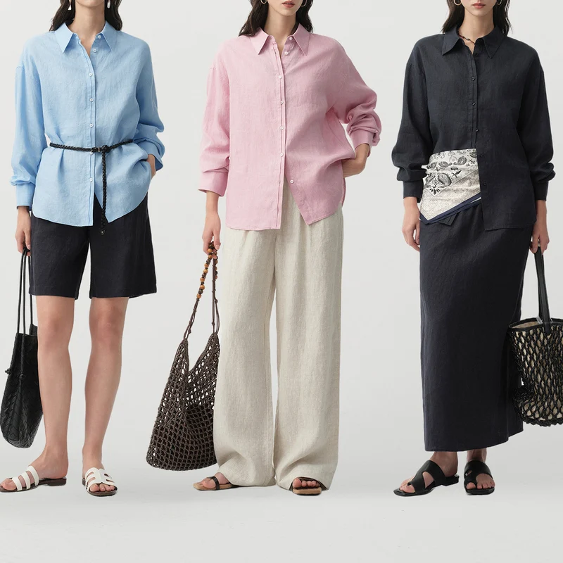 Damen Modische Leinenbluse mit langen Ärmeln Nord Taschen