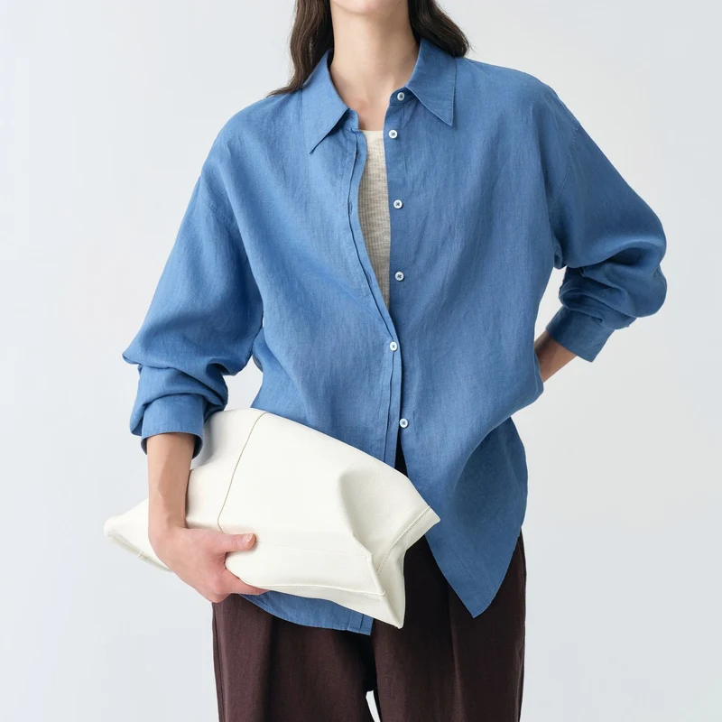 Damen Modische Leinenbluse mit langen Ärmeln Nord Taschen