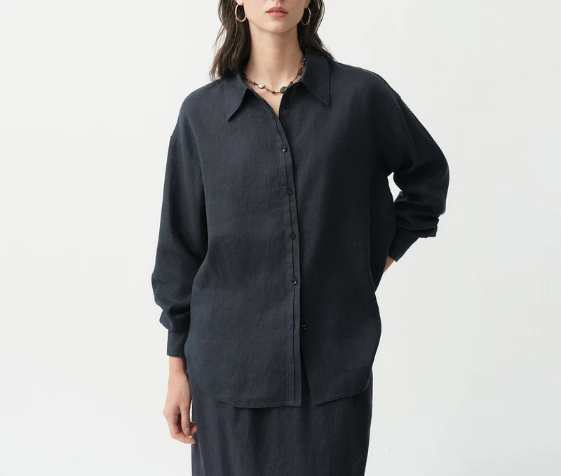 Damen Modische Leinenbluse mit langen Ärmeln Nord Taschen