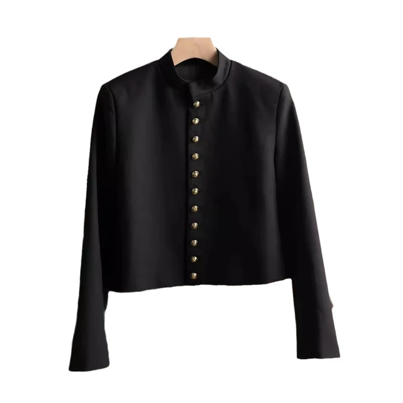 Damen Modische Jacke mit Stehkragen und goldenen Knöpfen Nord Taschen