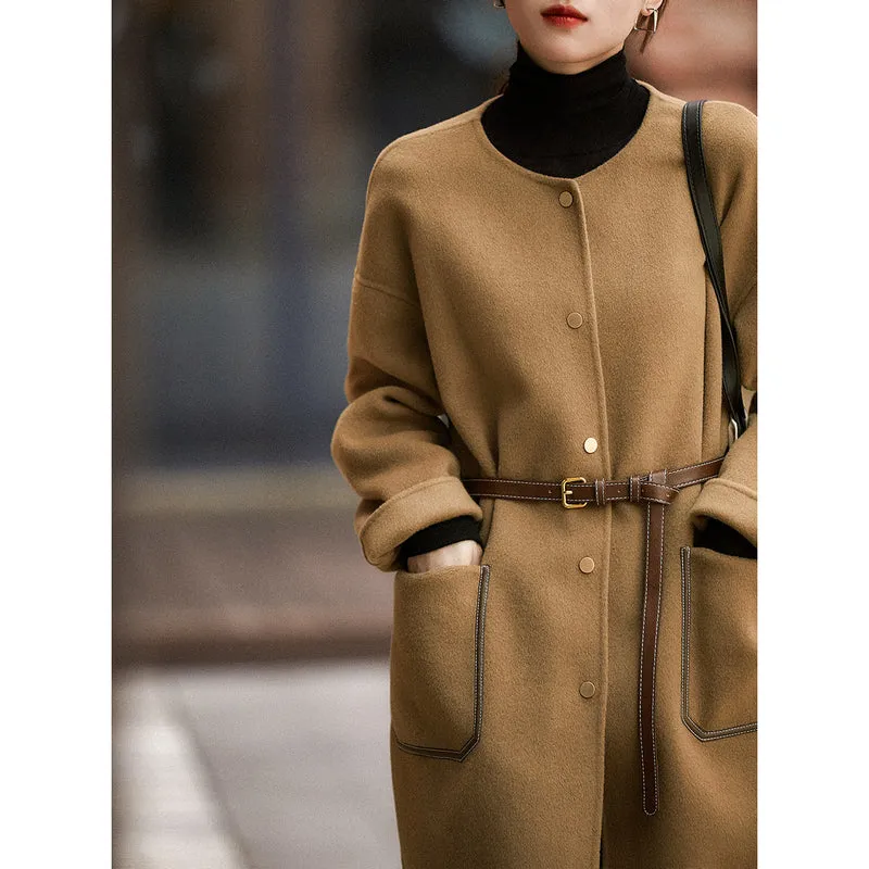 Damen Lässiger und eleganter Wollmantel mit Gürtel Nord Taschen