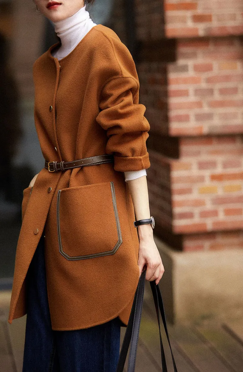 Damen Lässiger und eleganter Wollmantel mit Gürtel Nord Taschen