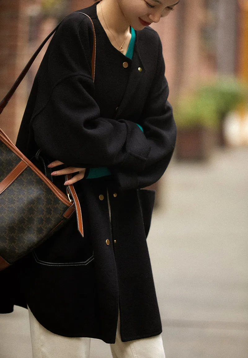 Damen Lässiger und eleganter Wollmantel mit Gürtel Nord Taschen