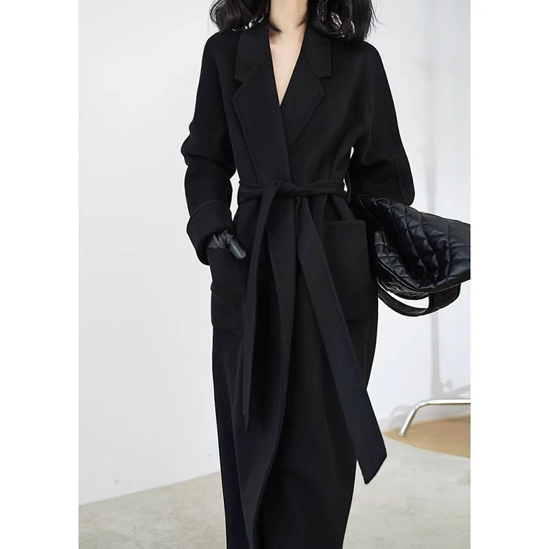 Damen Eleganter Wickelmantel mit Taillengürtel Nord Taschen