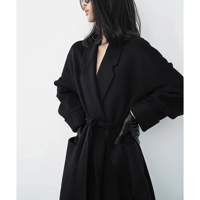 Damen Eleganter Wickelmantel mit Taillengürtel Nord Taschen