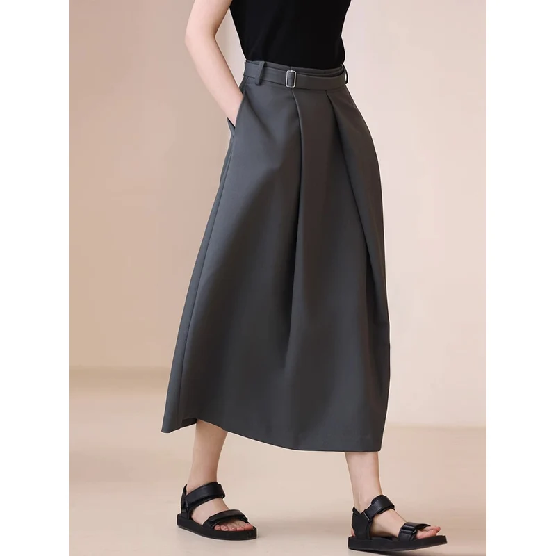 Damen Eleganter, weit geschnittener Maxirock mit Taillengürtel Nord Taschen