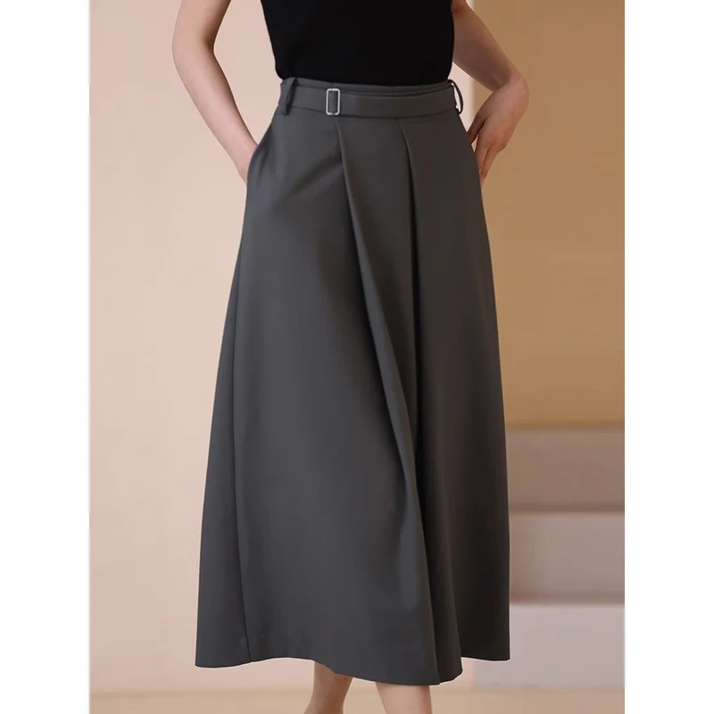 Damen Eleganter, weit geschnittener Maxirock mit Taillengürtel Nord Taschen