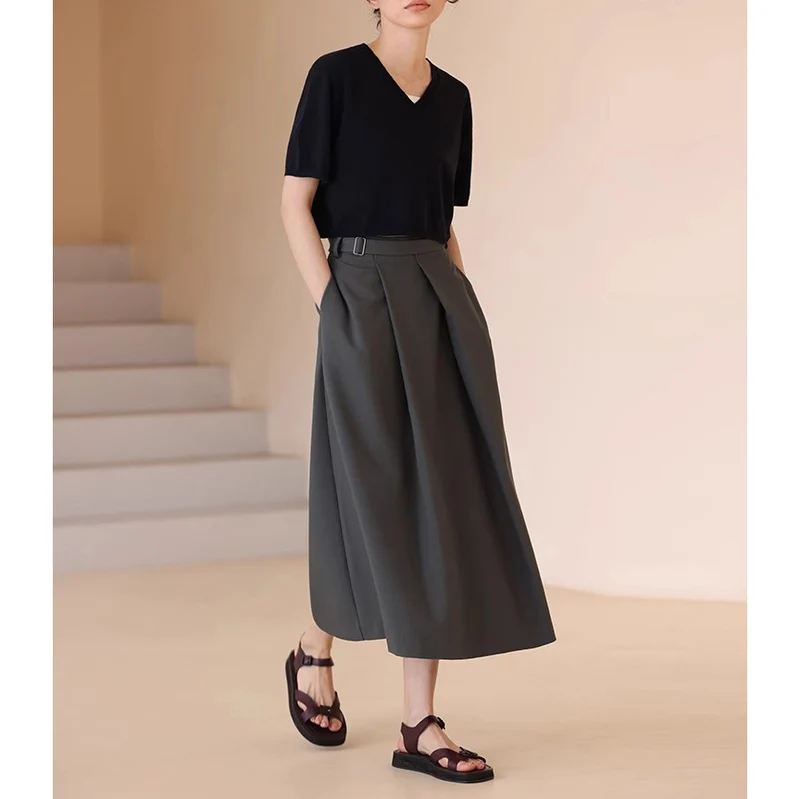 Damen Eleganter, weit geschnittener Maxirock mit Taillengürtel Nord Taschen