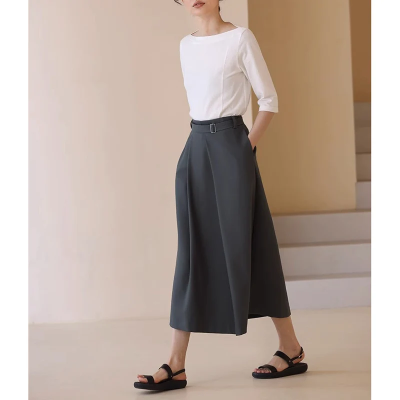 Damen Eleganter, weit geschnittener Maxirock mit Taillengürtel Nord Taschen