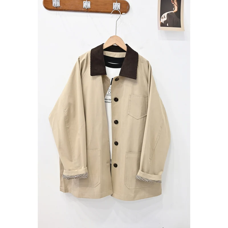 Damen Lässige Oversized-Jacke mit Kontrastkragen Nord Taschen