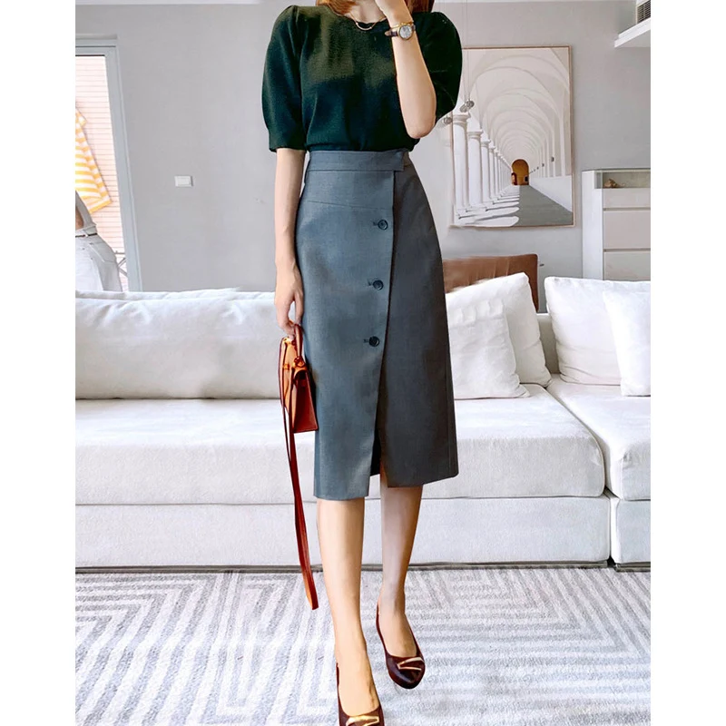 Damen Eleganter Midirock mit Knopfdetail und Taillengürtel Nord Taschen