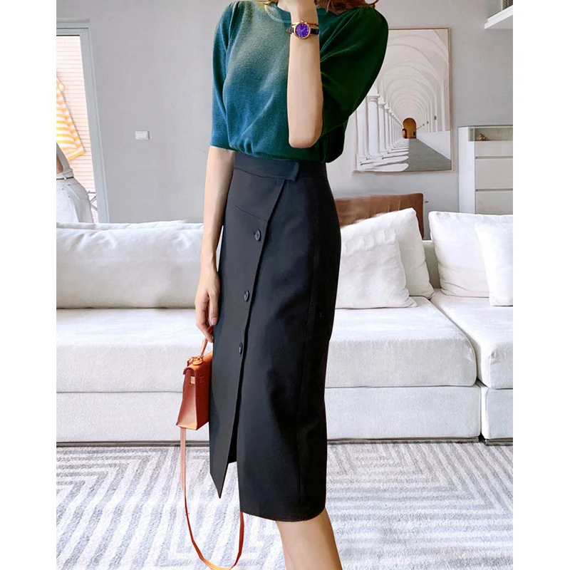 Damen Eleganter Midirock mit Knopfdetail und Taillengürtel Nord Taschen
