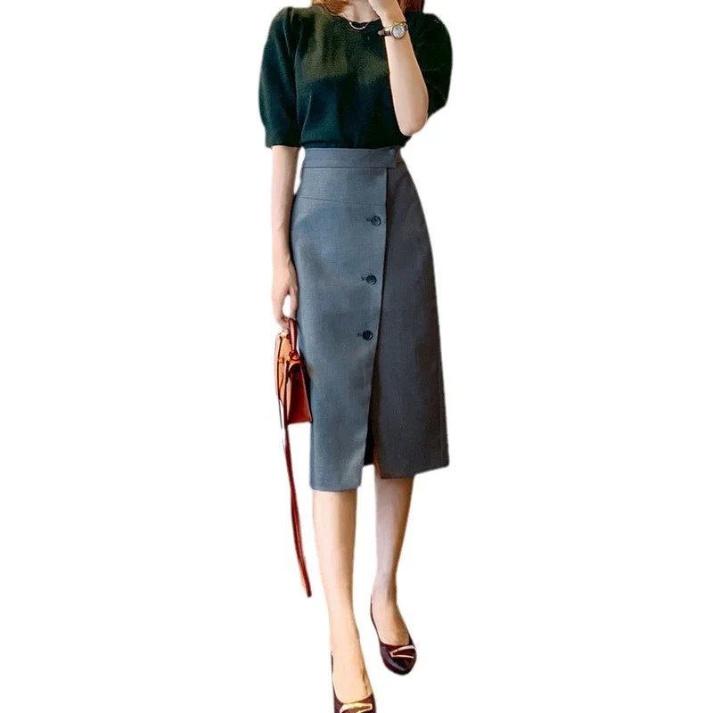 Damen Eleganter Midirock mit Knopfdetail und Taillengürtel Nord Taschen