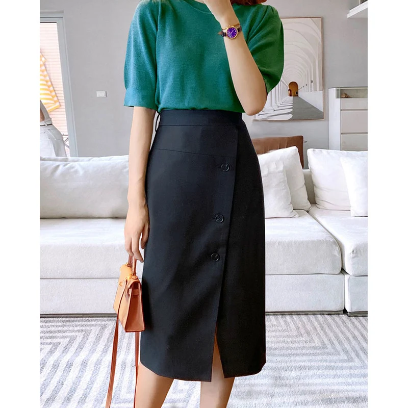 Damen Eleganter Midirock mit Knopfdetail und Taillengürtel Nord Taschen