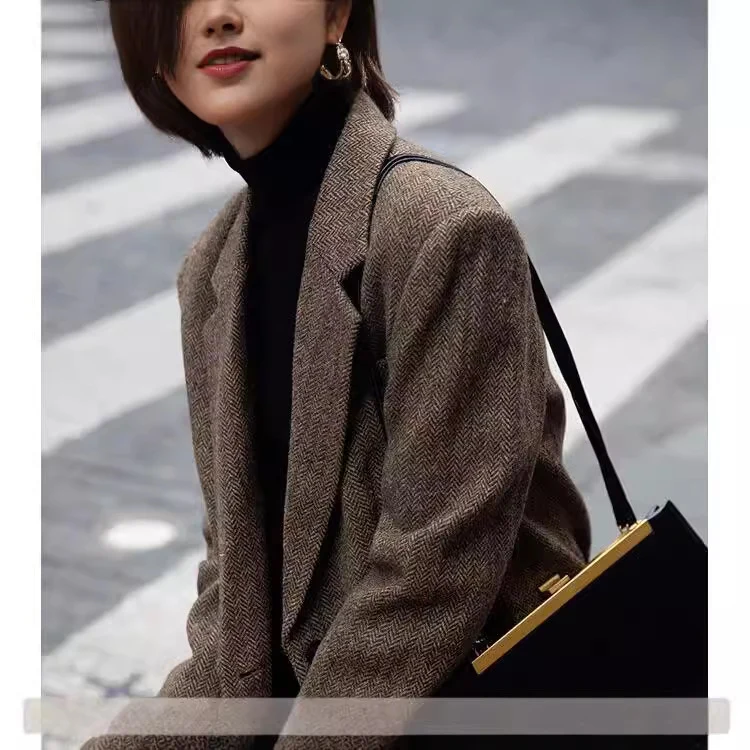 Damen Eleganter Tweed Blazer mit Taillengürtel Nord Taschen