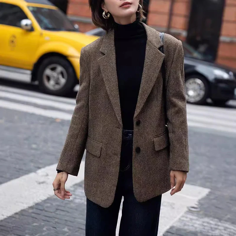 Damen Eleganter Tweed Blazer mit Taillengürtel Nord Taschen