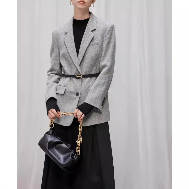 Damen Eleganter Tweed Blazer mit Taillengürtel Nord Taschen