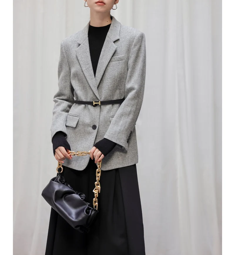 Damen Eleganter Tweed Blazer mit Taillengürtel Nord Taschen