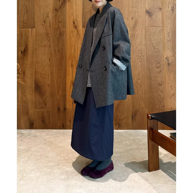 Damen Eleganter Doppelreiher-Wollmantel Nord Taschen