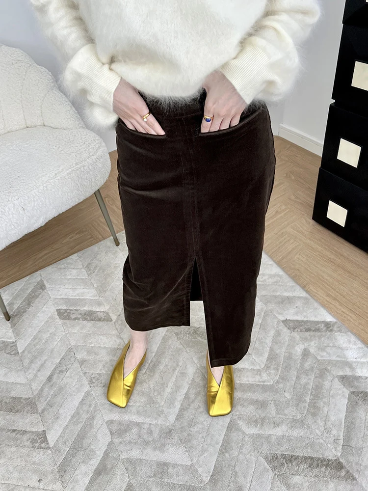 Damen Eleganter Cord Midi-Rock mit Schlitz Nord Taschen