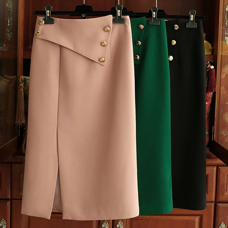 Damen Eleganter Midirock mit asymmetrischem Schnitt und Goldknöpfen Nord Taschen