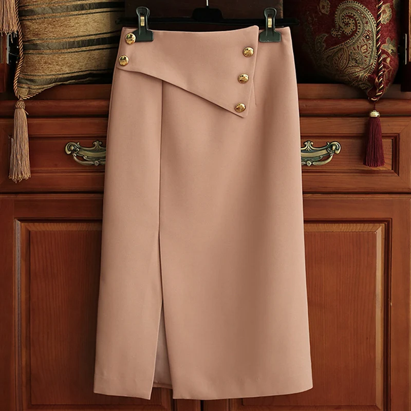 Damen Eleganter Midirock mit asymmetrischem Schnitt und Goldknöpfen Nord Taschen