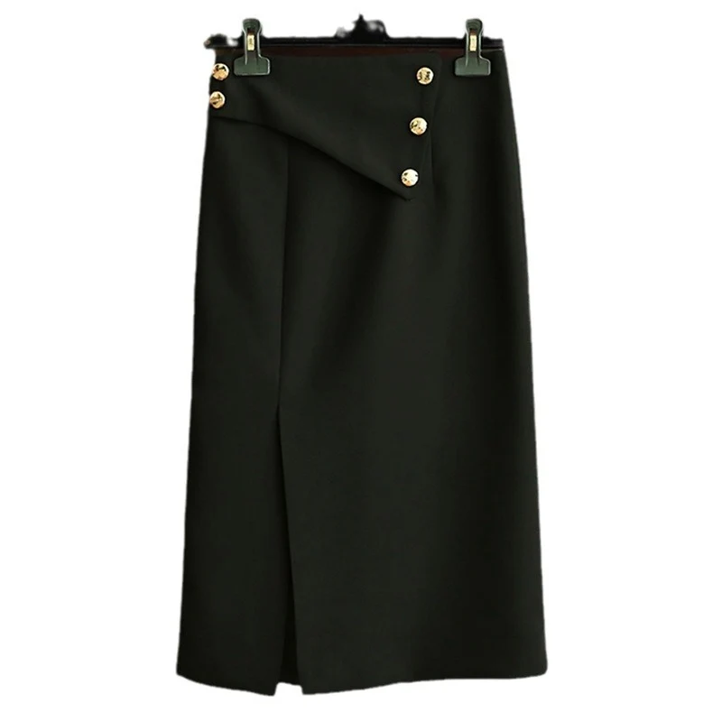 Damen Eleganter Midirock mit asymmetrischem Schnitt und Goldknöpfen Nord Taschen