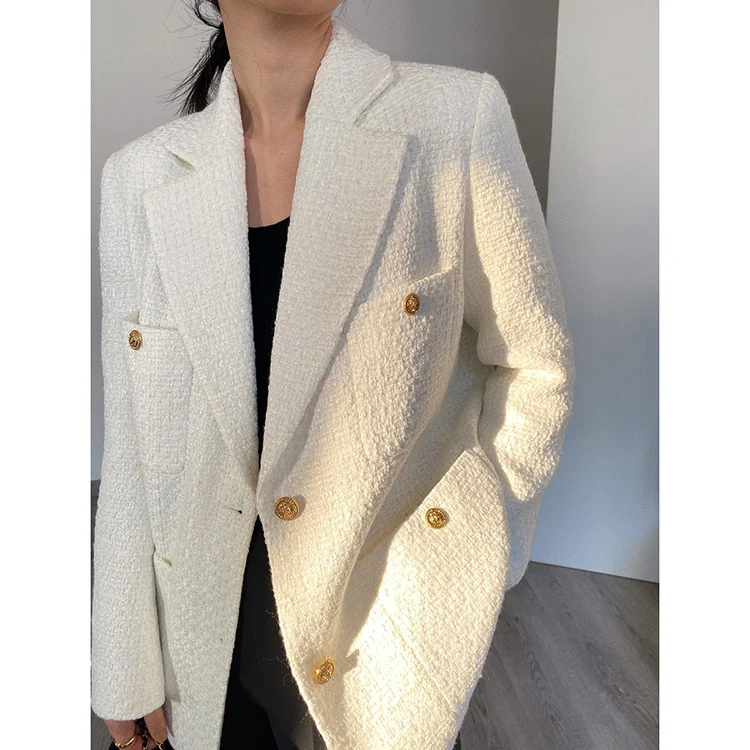 Damen Eleganter Tweed Blazer mit goldenen Knöpfen Nord Taschen