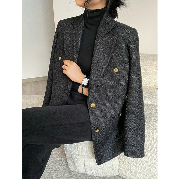 Damen Eleganter Tweed Blazer mit goldenen Knöpfen Nord Taschen