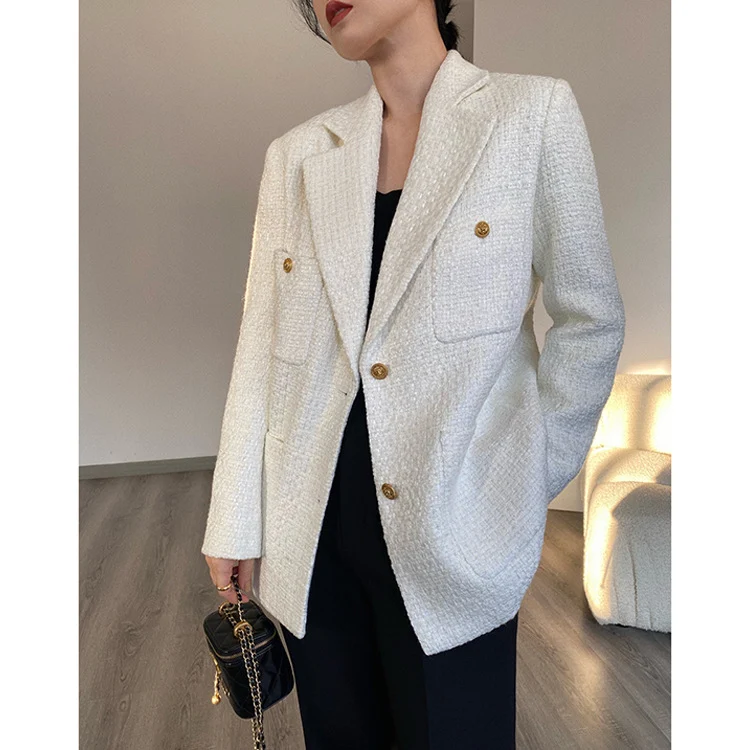 Damen Eleganter Tweed Blazer mit goldenen Knöpfen Nord Taschen