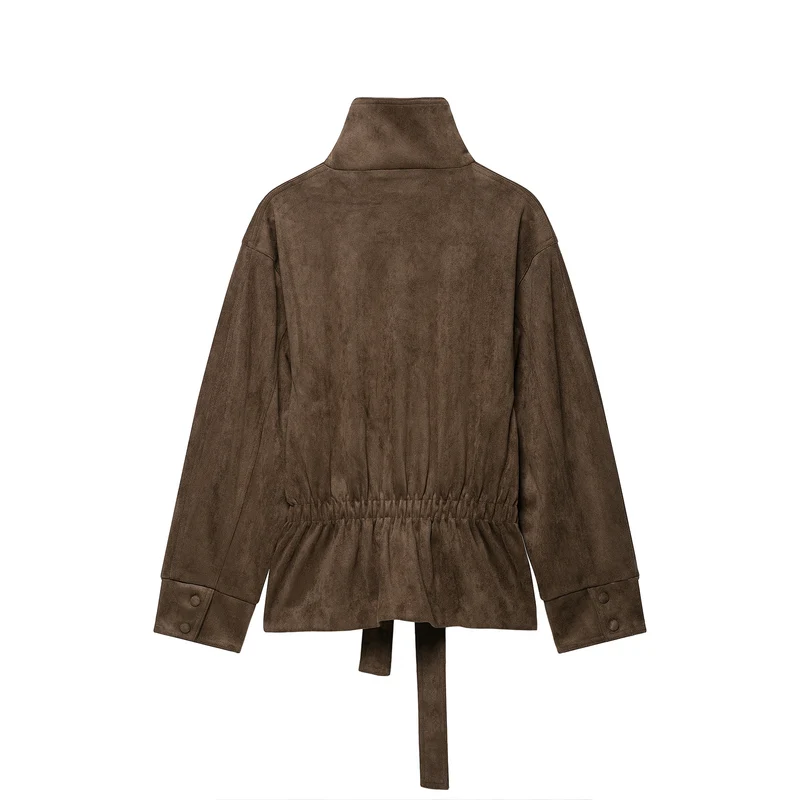 Damen Kurze Veloursleder-Utilityjacke mit hohem Stehkragen und Bindegürtel Nord Taschen