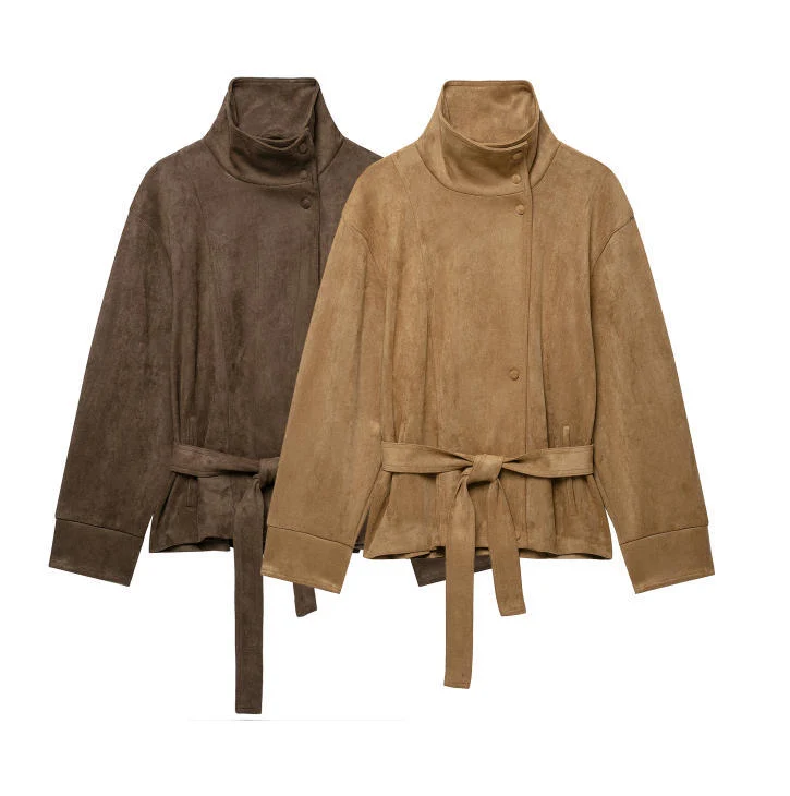 Damen Kurze Veloursleder-Utilityjacke mit hohem Stehkragen und Bindegürtel Nord Taschen