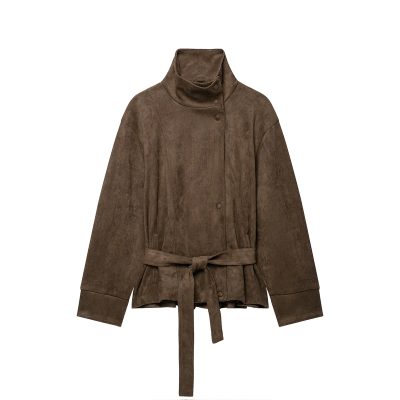 Damen Kurze Veloursleder-Utilityjacke mit hohem Stehkragen und Bindegürtel Nord Taschen