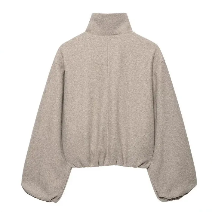 Damen Kurz geschnittene Wollmix-Jacke mit Stehkragen, Reißverschluss und Ballonärmeln Nord Taschen