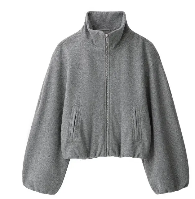 Damen Kurz geschnittene Wollmix-Jacke mit Stehkragen, Reißverschluss und Ballonärmeln Nord Taschen
