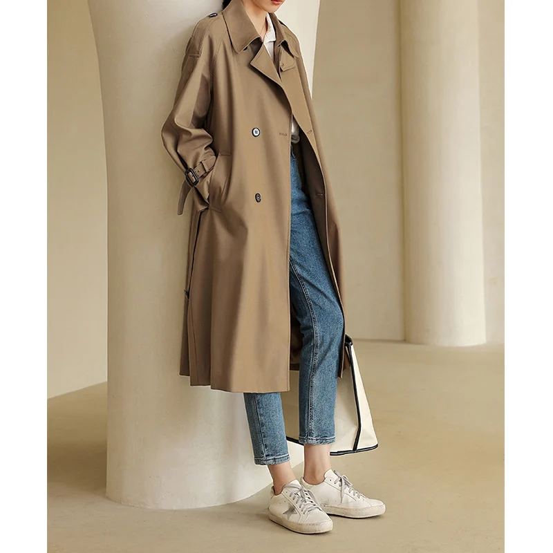 Damen Eleganter Trenchcoat mit doppelter Knopfleiste und praktischem Taillengürtel Nord Taschen
