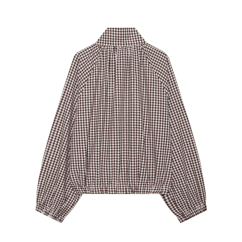 Damen Karierte Cropped‑Bluse mit Stehkragen, Tunnelzugsaum und Ballonärmeln Nord Taschen
