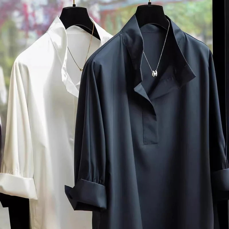 Damen Elegante und fließende Bluse mit Stehkragen Nord Taschen