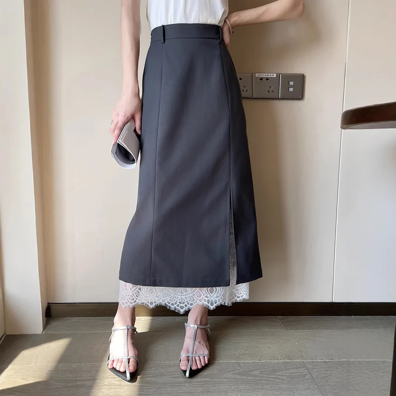 Damen Eleganter Maxirock mit hohem Schlitz und Spitzenabschluss Nord Taschen