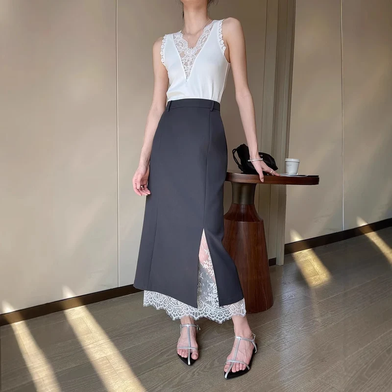 Damen Eleganter Maxirock mit hohem Schlitz und Spitzenabschluss Nord Taschen
