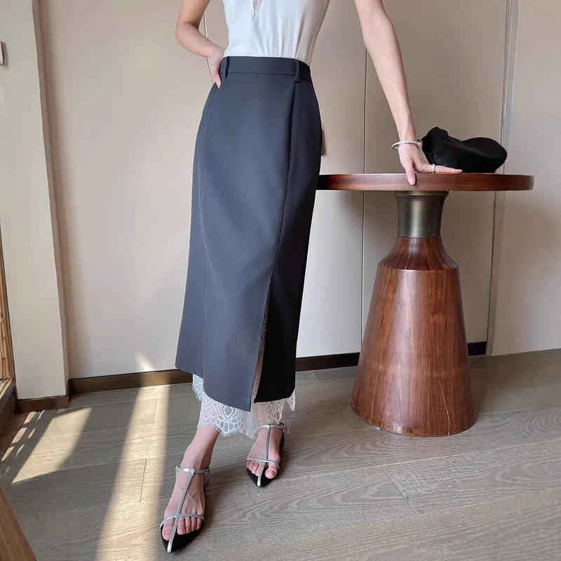 Damen Eleganter Maxirock mit hohem Schlitz und Spitzenabschluss Nord Taschen